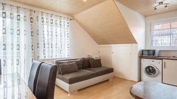 A compact living space with a sofa, a washing machine, a dining table, and a window with curtains.