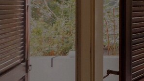 A window with wooden shutters, a view of trees, and a white wall.