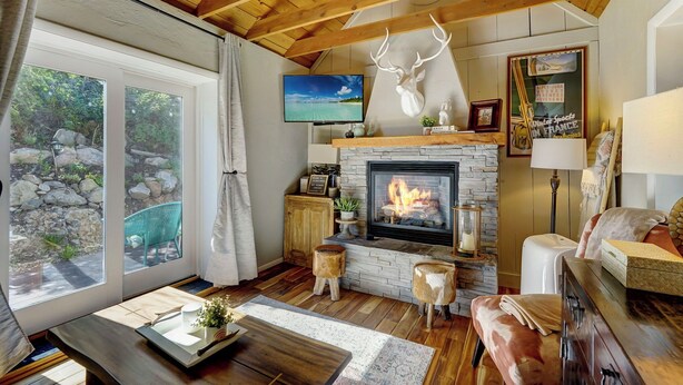 A cozy living room with a stone fireplace, wooden beams, a mounted deer head, and a television.