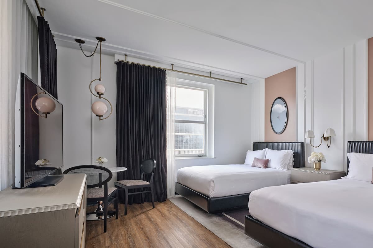 Room, 2 Queen Beds, Corner | Minibar, in-room safe, desk, laptop workspace