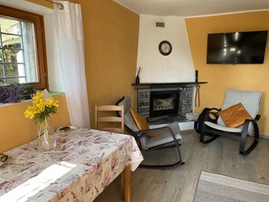 Smart TV, chimenea, libros y estéreo