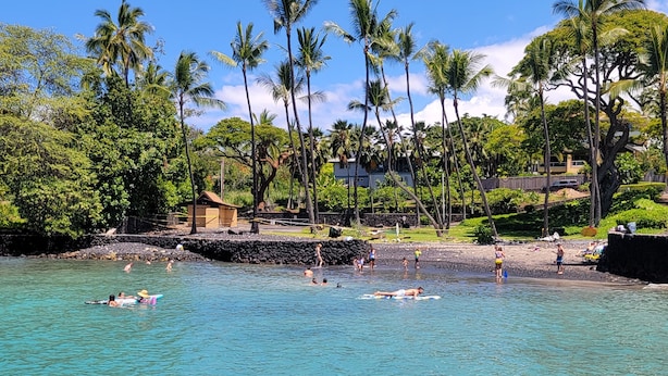A beach with clear turquoise water, palm trees, and a small hut. - Newly Renovated Condo with SUP Paddle Boards and Golf Clubs Included (Kailua-Kona)