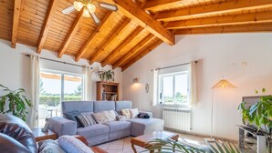 Een ruime woonkamer met een houten plafond, een grijze zithoek, een bruine leren bank en een groot raam met uitzicht op de omgeving.