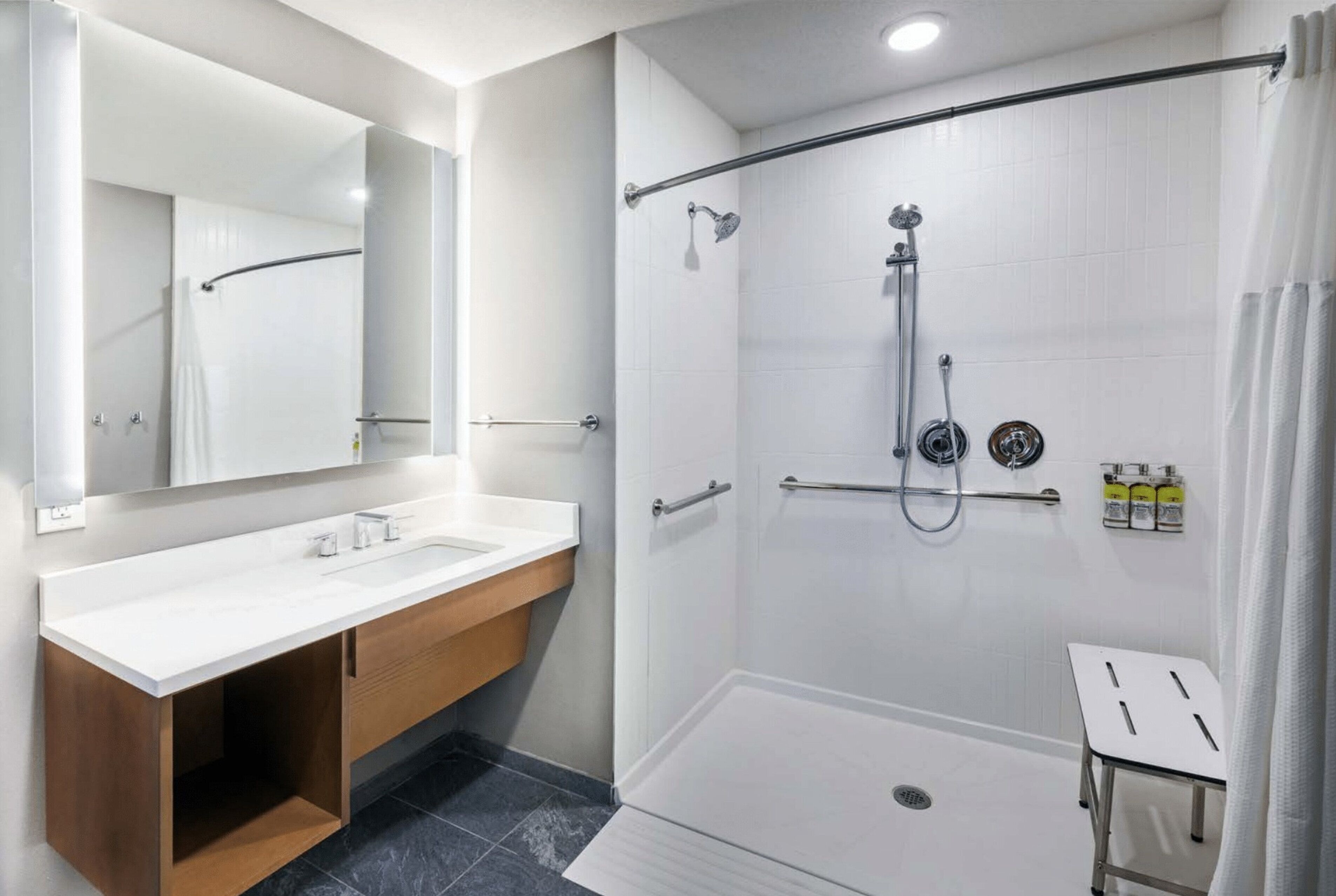 suite, 2 queen beds, mobility accessible, kitchen (roll-in shower) | bathroom | combined shower/bathtub, towels