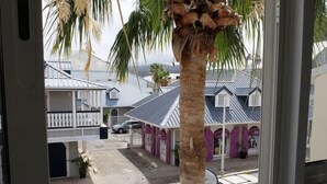A view of a residential area with houses featuring white and purple facades, a palm tree, and a parked car. - Appartement de charme , Marina Royale, Marigot (Marigot)