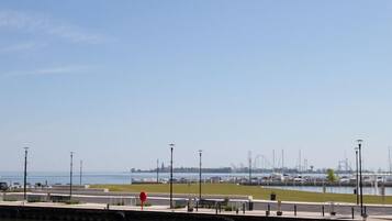 A waterfront promenade with a clear view of the marina and distant city skyline.