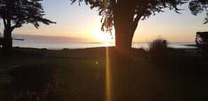 On the beach, sun-loungers