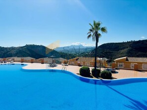 Ein Pool mit geschwungener Kante, umgeben von Liegestühlen und einer Palme.