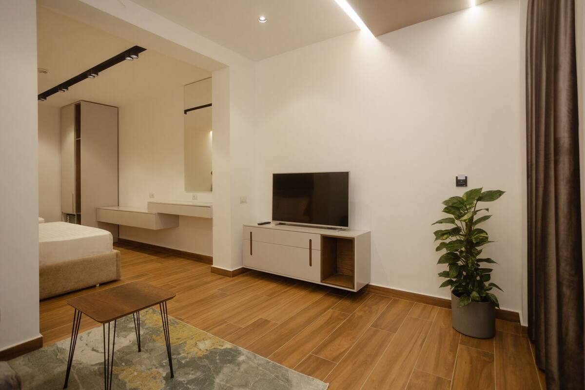 Un salón moderno con un sofá, un televisor sobre un mueble, una planta y un espejo.