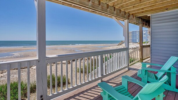 A wooden deck with a view of the beach and ocean. - 2284-B New River Inlet Road- Direct Oceanfront 3 bedroom- Adjoining Side is Available for Rent- 2... (North Topsail Beach)