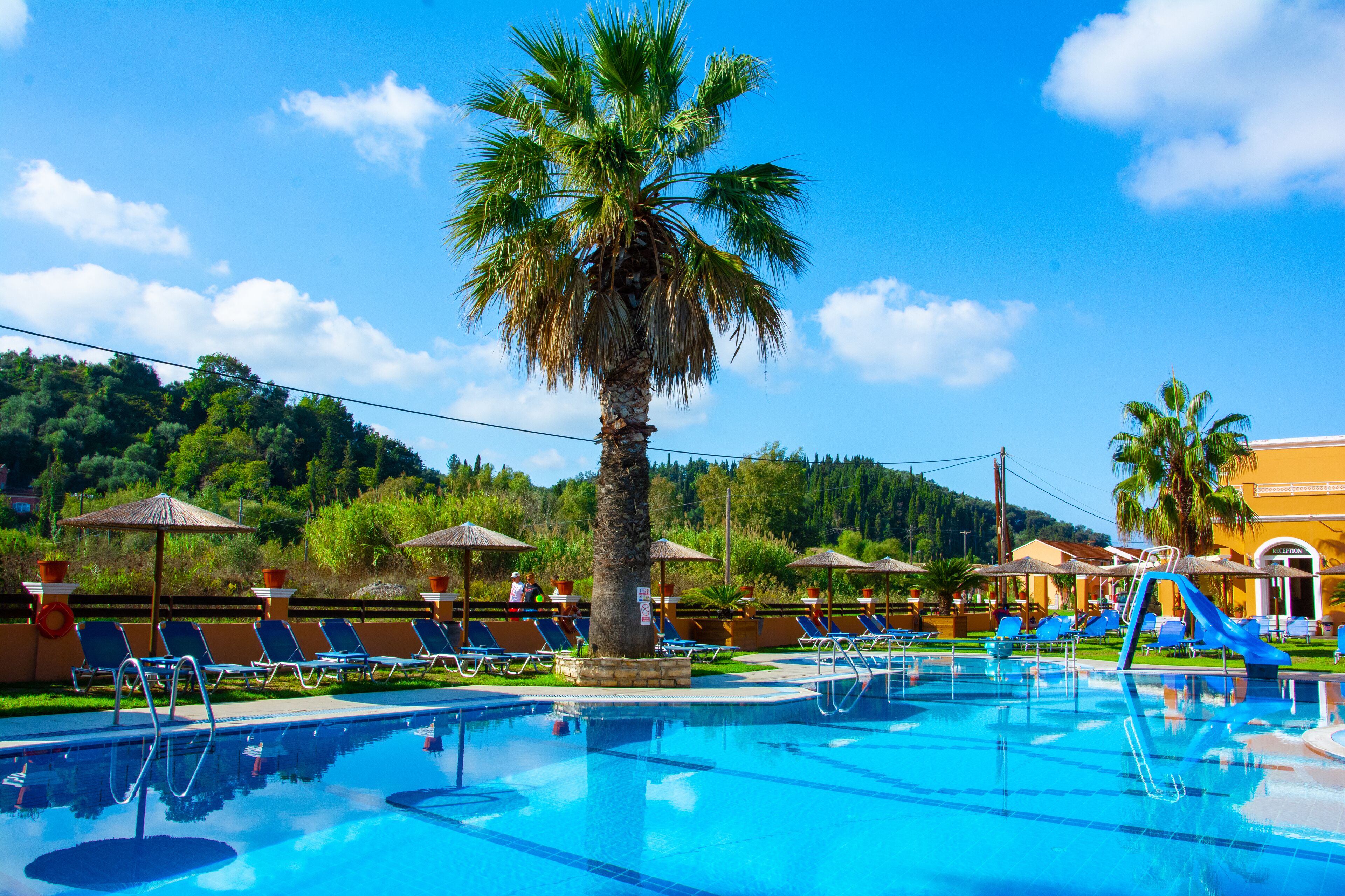 Un área de piscina con sillas de descanso, palmeras y un tobogán.