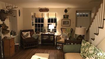 TV, fireplace, books