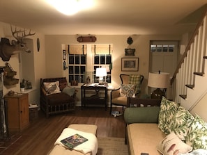 TV, fireplace, books