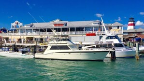 A marina with boats docked, a building with a sign reading "ROOTERS", and a lighthouse in the background. - Beautifully renovated Gulf efficiency!  (North Redington Beach)
