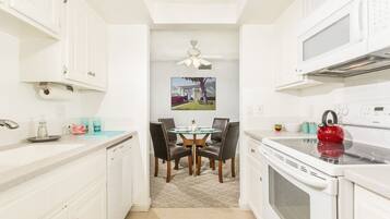 Coffee/tea maker, fridge, microwave, oven