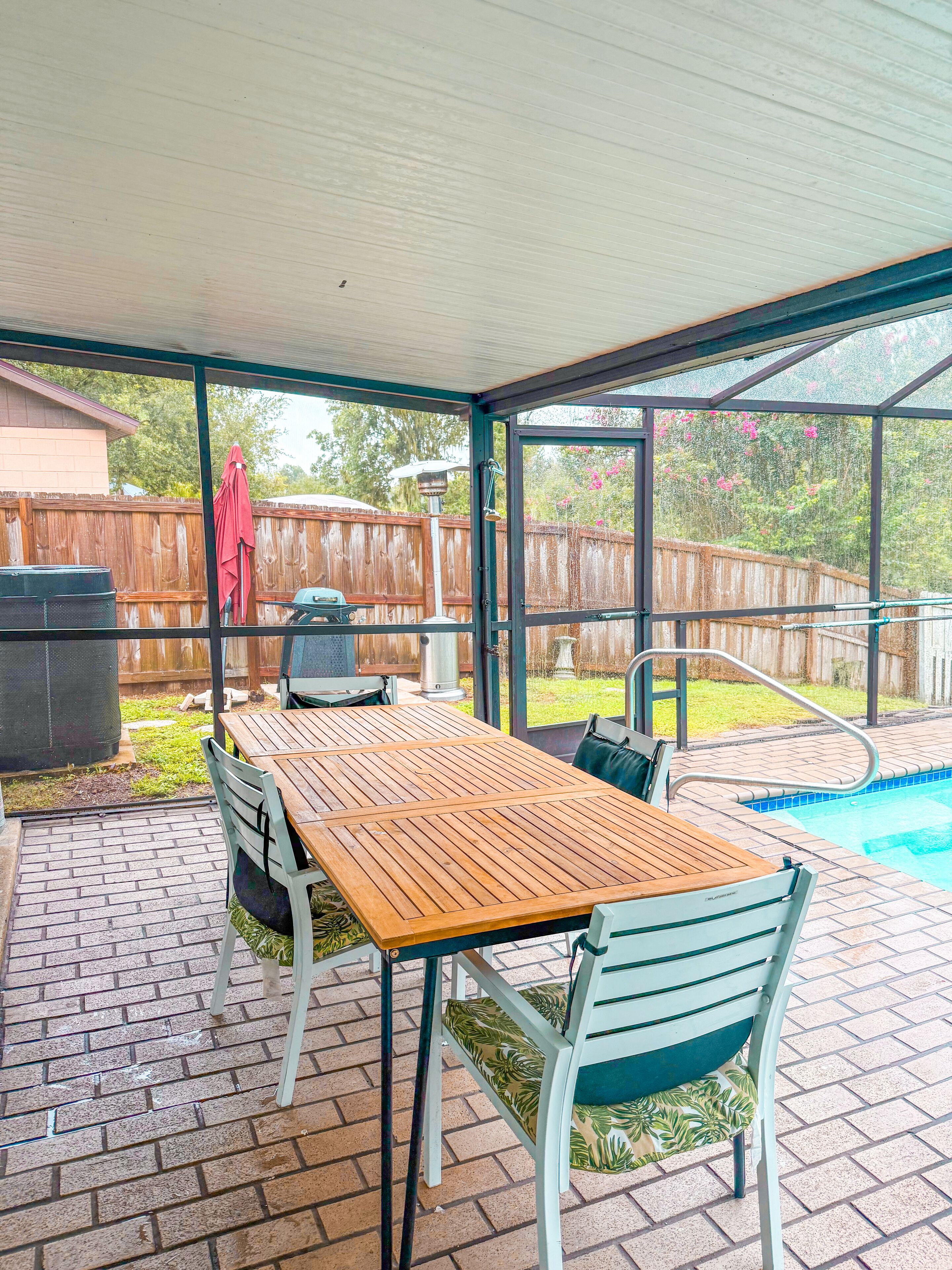 A covered patio with a wooden table and chairs, a pool, and a fenced backyard.