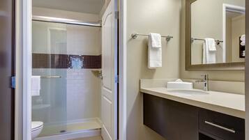 Hair dryer, towels, soap, shampoo