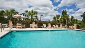 A swimming pool with lounge chairs and umbrellas, surrounded by palm trees and flowers.