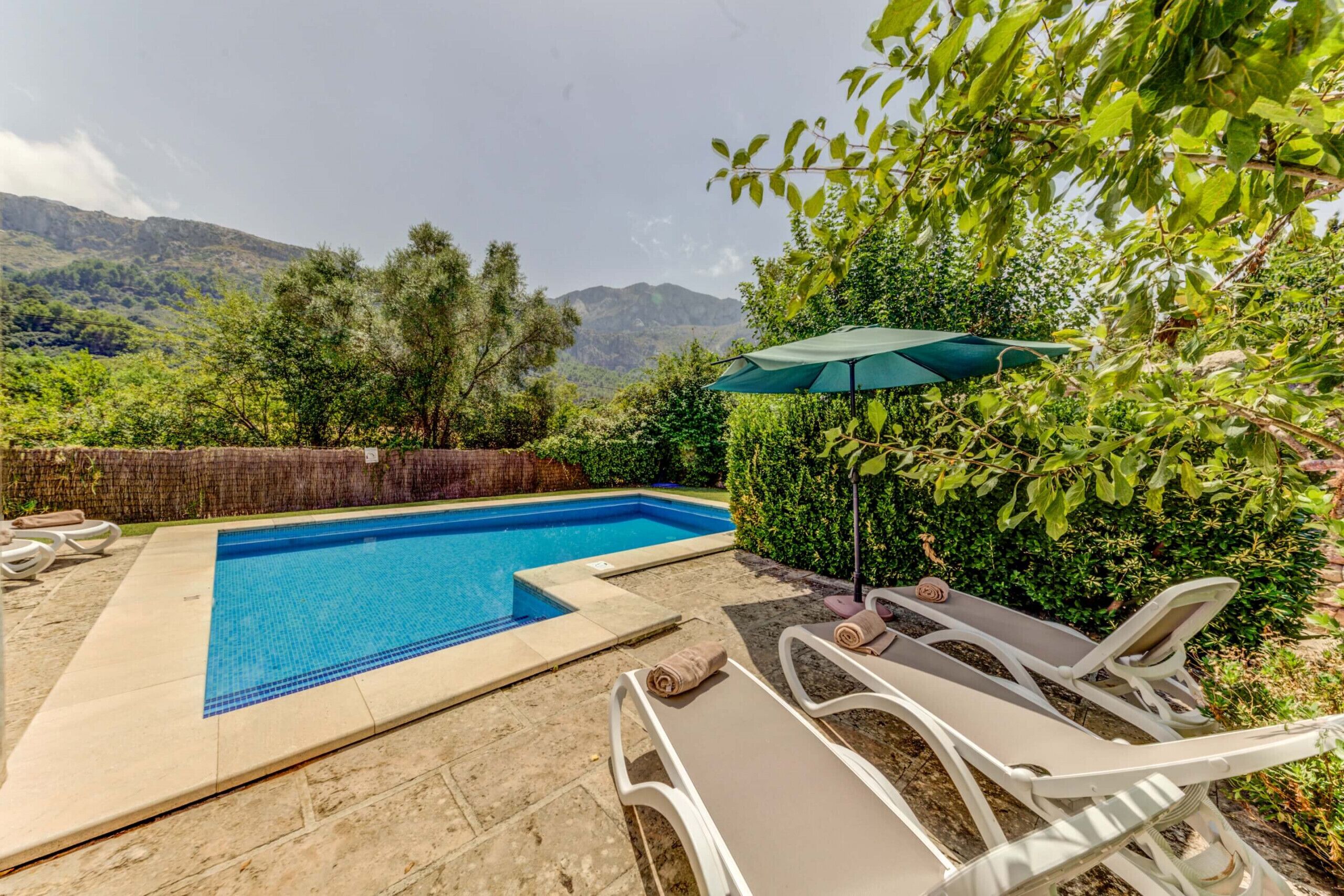 A swimming pool with lounge chairs and an umbrella, surrounded by greenery and mountains in the background.