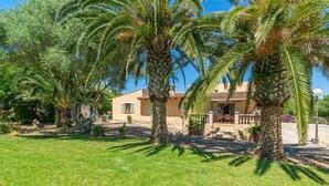 Une maison avec une pelouse bien entretenue, des palmiers et un espace patio.