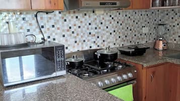 Eenvoudig appartement | Privékeuken | Een koelkast met diepvriezer, een microgolfoven, een oven