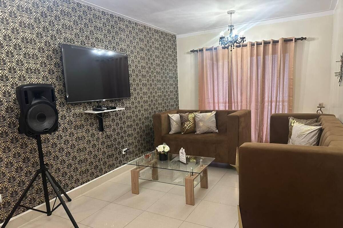 Un salon avec un canapé, une table basse, un téléviseur et un haut-parleur.