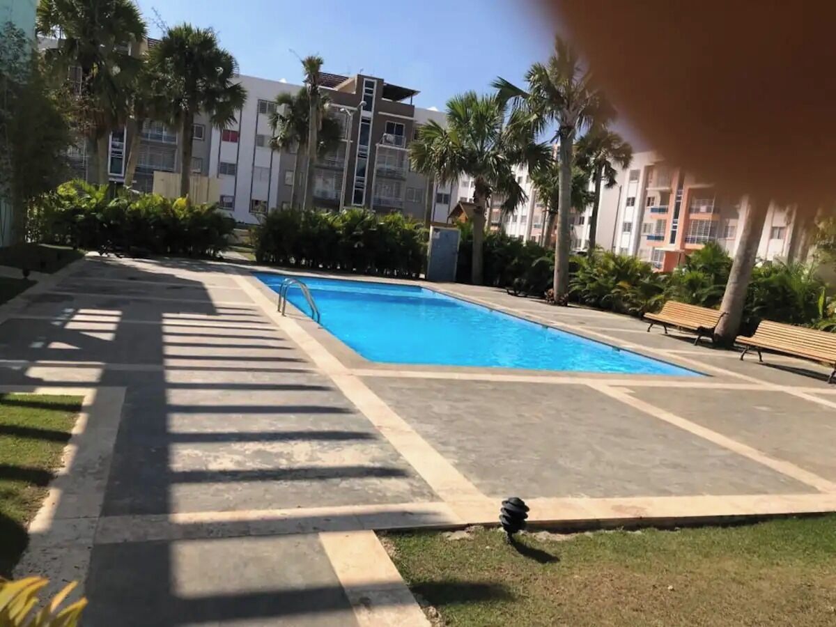 A swimming pool with a concrete deck, surrounded by palm trees and benches.