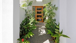 A narrow pathway leading to a wooden door with a glass panel, flanked by lush green plants and a skylight above. - 32c continuously heated pool 300m to beach Seaside@PalmCove (palm cove)