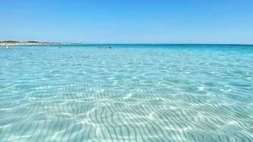 On the beach, sun loungers