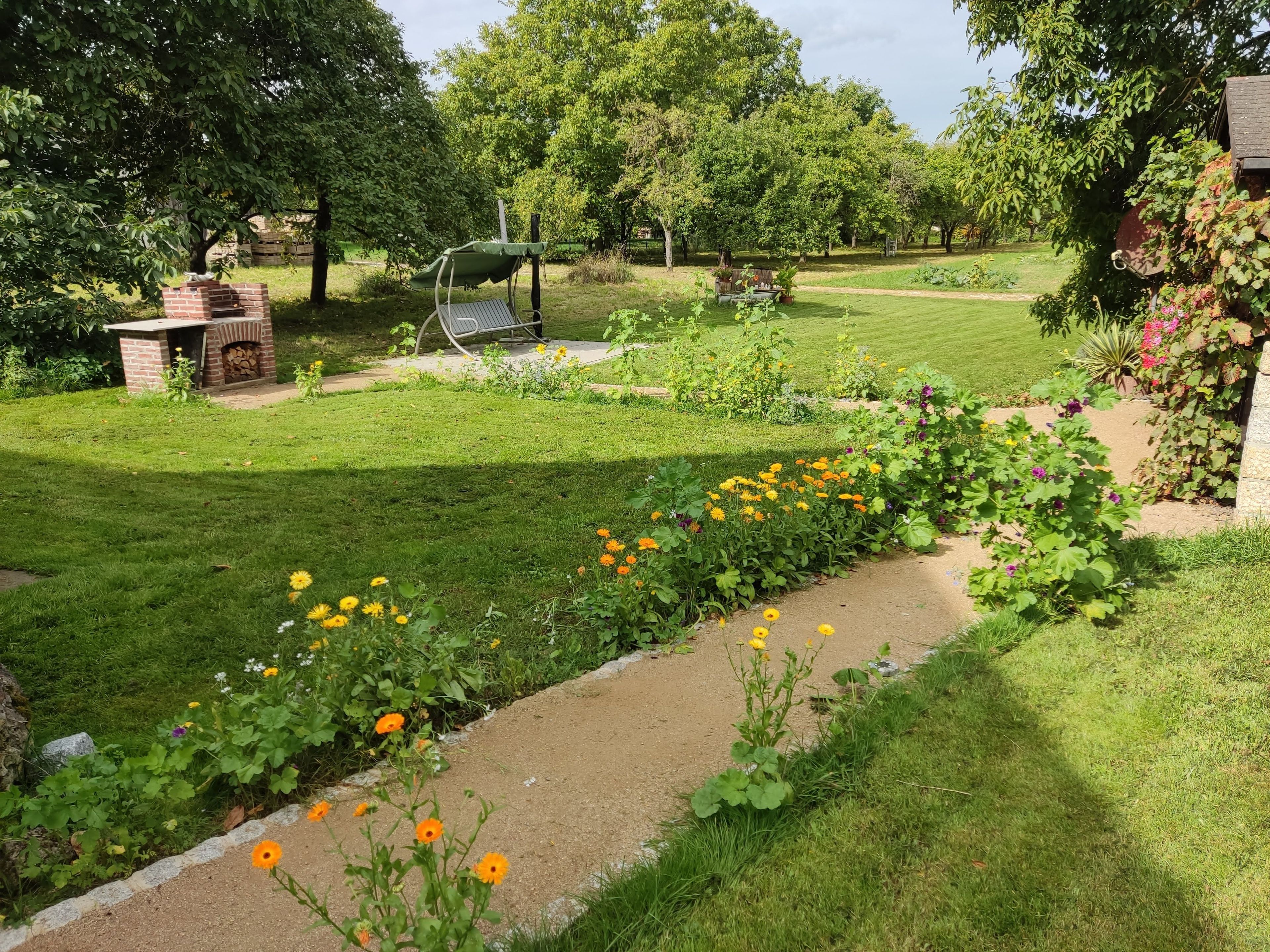 Ein Garten mit Grillplatz aus Ziegelsteinen, einer Schaukel und verschiedenen Blumen.