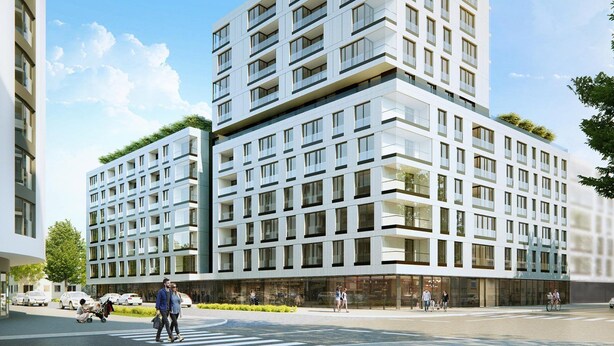 A modern multi-story building with a grid of balconies, large windows, and a flat roof. - Apartament Dzielna 64 (Warsaw)