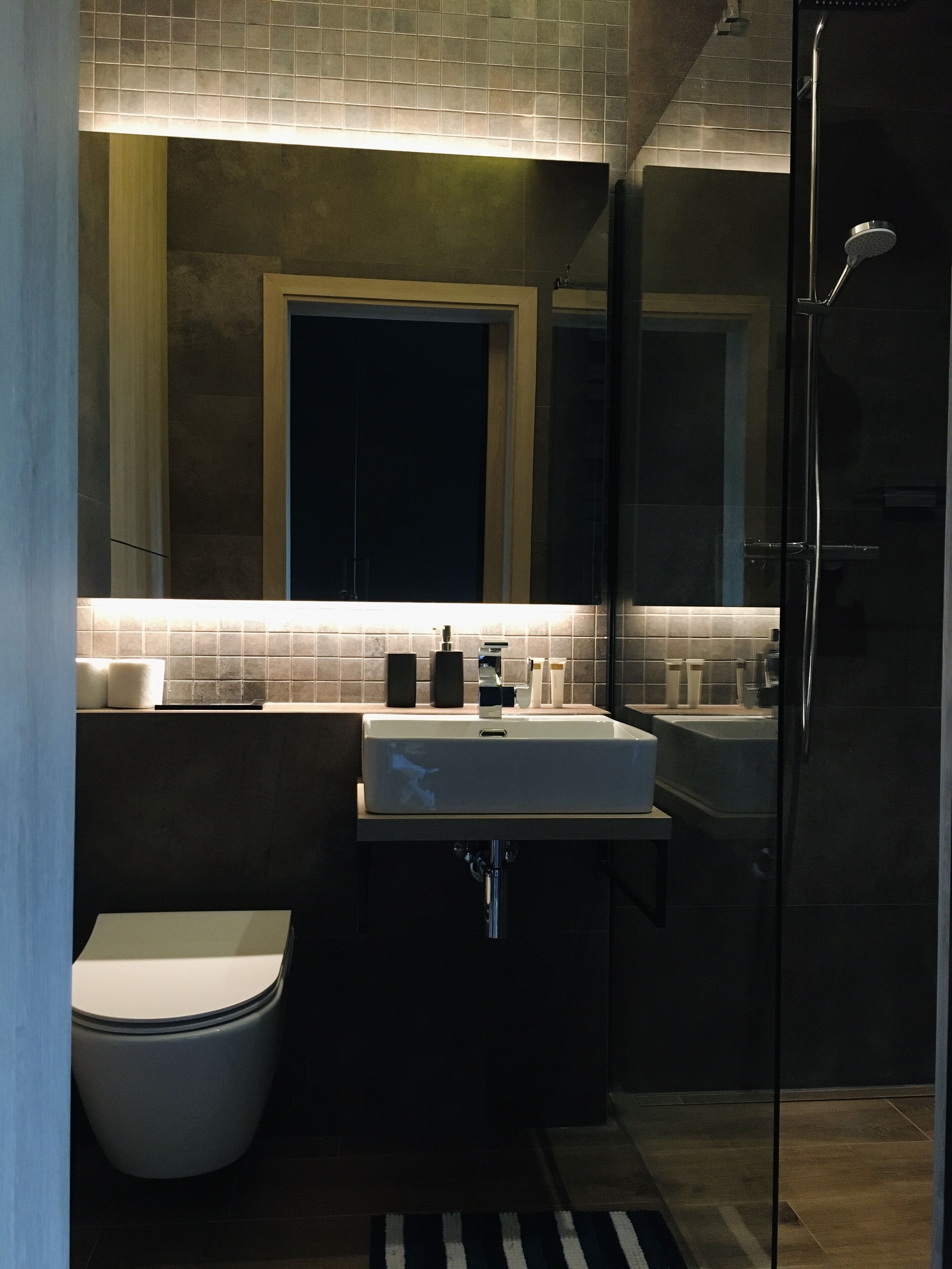 A modern bathroom with a large sink, a toilet, and a glass shower enclosure.