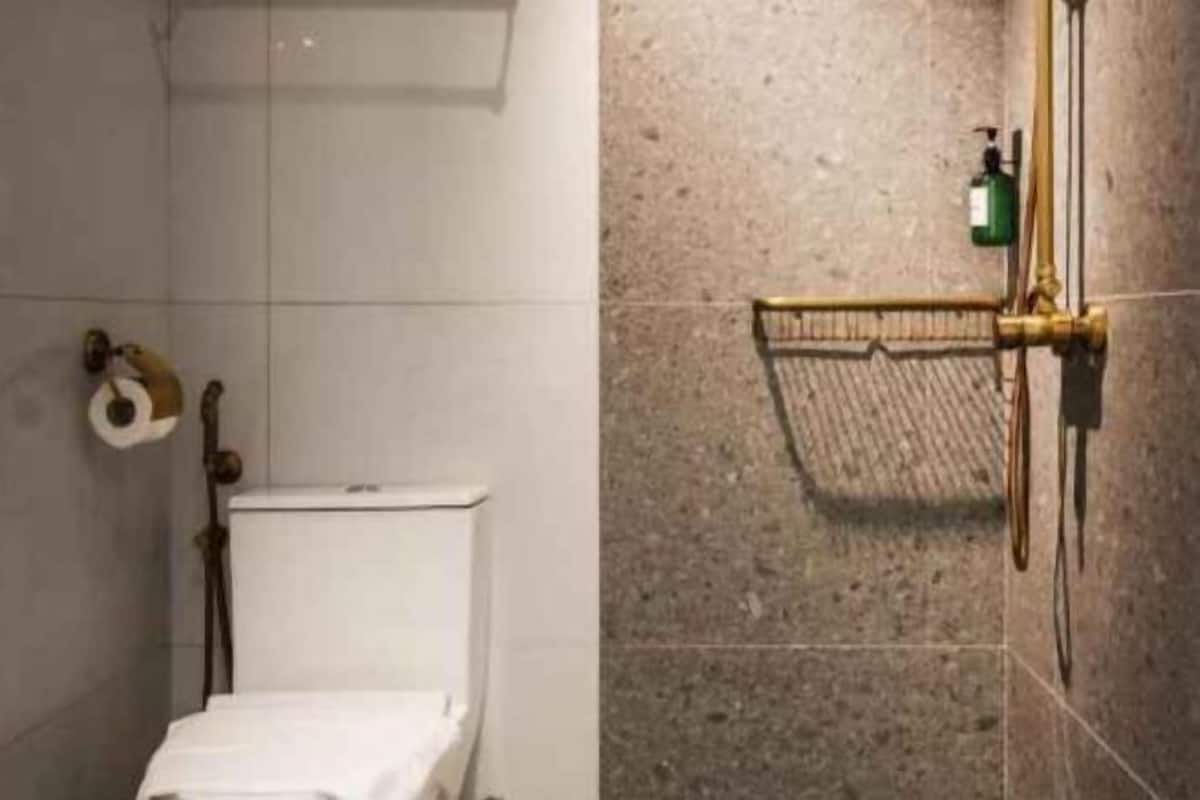 Bathroom | Shower, hair dryer, slippers, towels