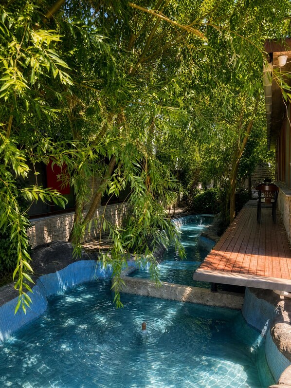 A clear pool surrounded by lush greenery, a wooden deck, and a stone wall.