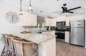 Fridge, dishwasher, coffee/tea maker, cookware/dishes/utensils