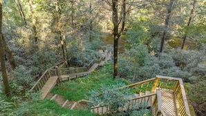 A wooden staircase surrounded by dense forest. - Riverside Nest | No Pet Fees | Sleeps 2 | Adults Only | River front (Ellijay)
