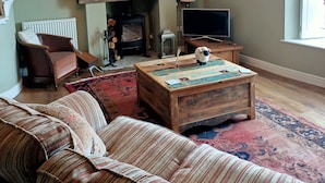 A cozy living room with a fireplace, a television, a sofa, and a coffee table. - Beautiful 2 bedroom spacious Cottage in the heart of historic Richmond  (Richmond)