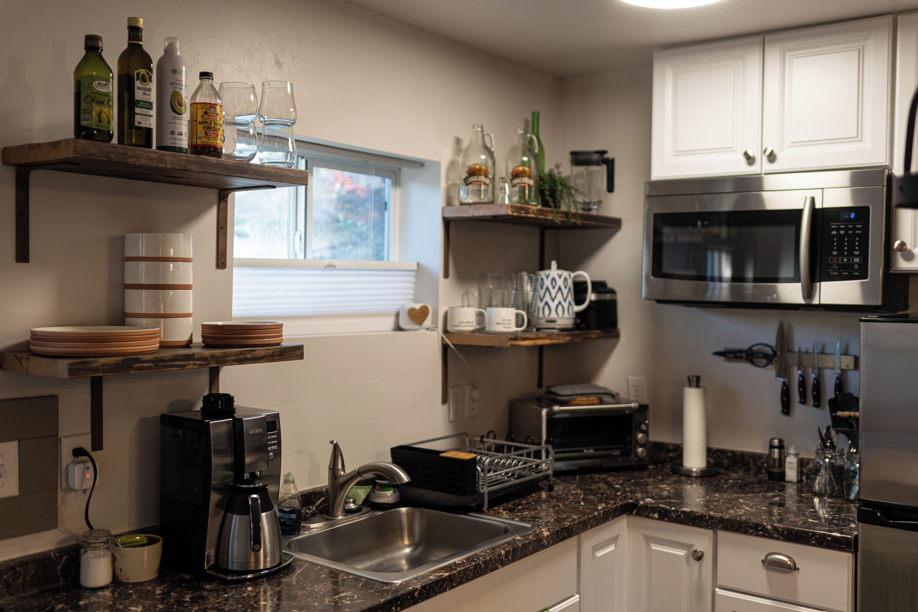 Fridge, microwave, coffee/tea maker, electric kettle