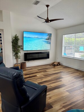 A living room with a flat-screen TV, a ceiling fan, a wooden floor, a large window, and a potted plant.