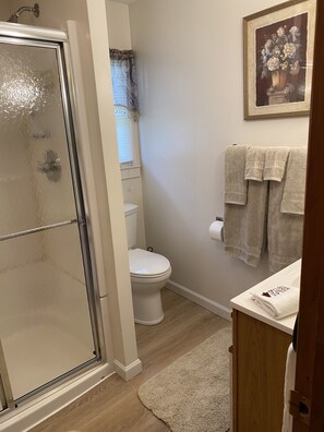 Douche, séchoir à cheveux, serviettes fournies, savon