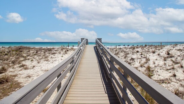 A wooden boardwalk leading to a beach with a clear sky.