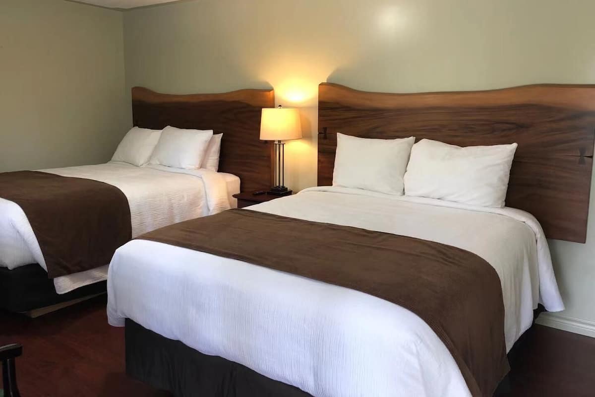 Une chambre d’hôtel avec deux lits, chacun doté d’une tête de lit en bois, de draps blancs et d’une lampe de chevet.
