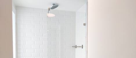 Bathtub, hair dryer, towels, shampoo
