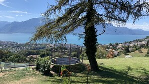 Ein Trampolin in einer grünen Umgebung mit Blick auf einen See und Berge im Hintergrund.