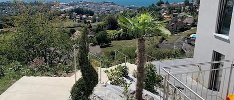 A residential area with a view of a lake and mountains. There is a paved area with a palm tree and a metal railing.