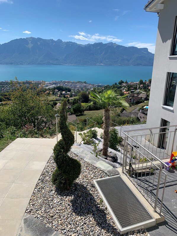 A residential area with a view of a lake and mountains. There is a paved area with a palm tree and a metal railing.