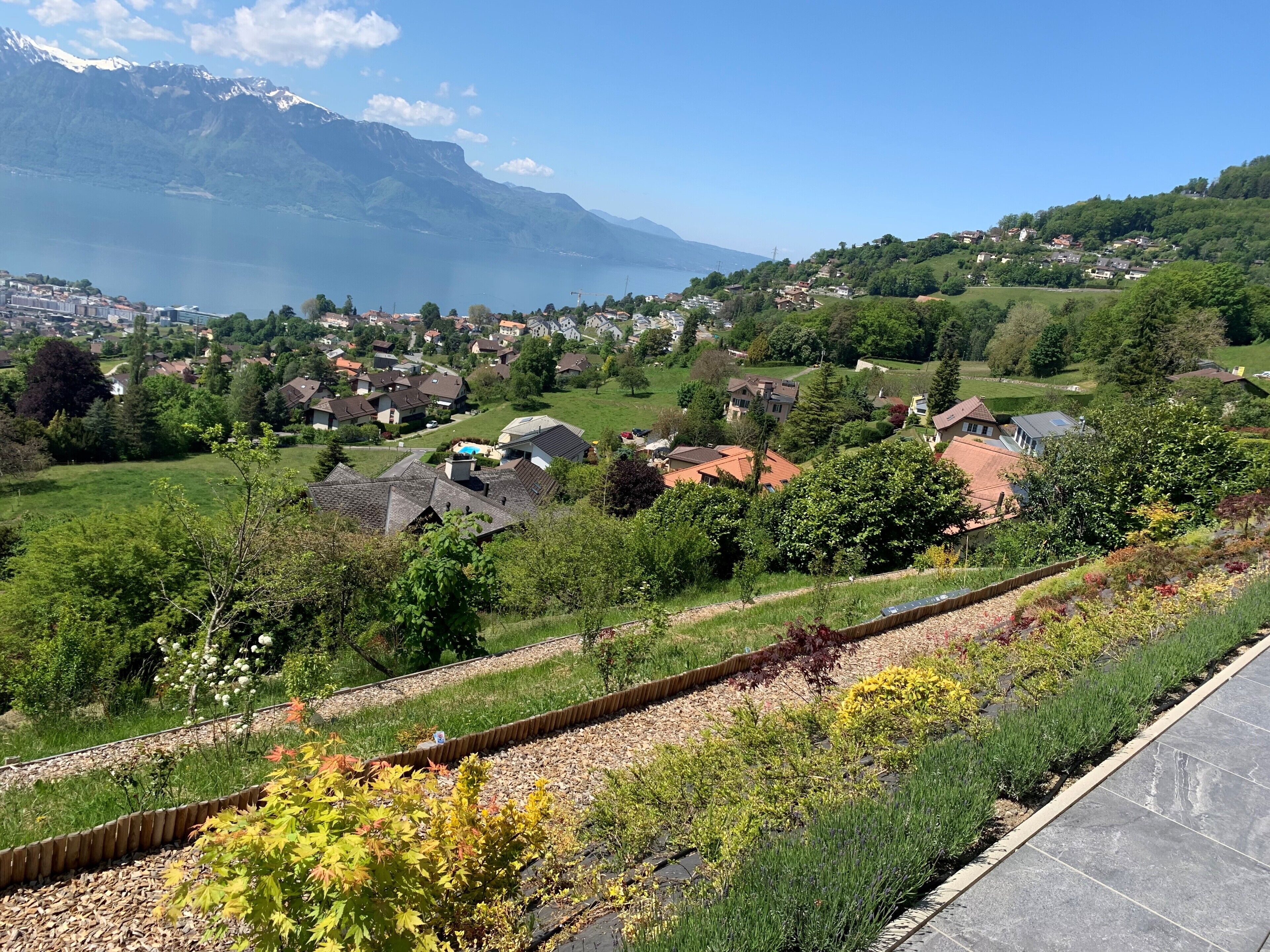 Un quartier résidentiel avec des maisons, un lac et des montagnes en arrière-plan.