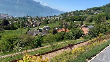 Un quartier résidentiel avec des maisons, un lac et des montagnes en arrière-plan.