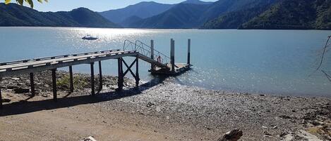 On the beach, sun-loungers