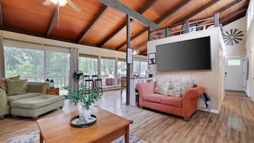 Smart TV, fireplace, DVD player, books